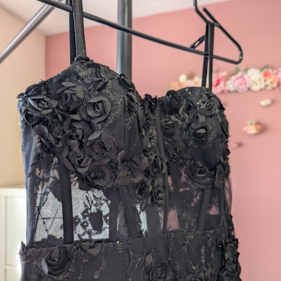Size Small Black Corset Gown with 3D Floral Embellishments - Picture 3 of 11